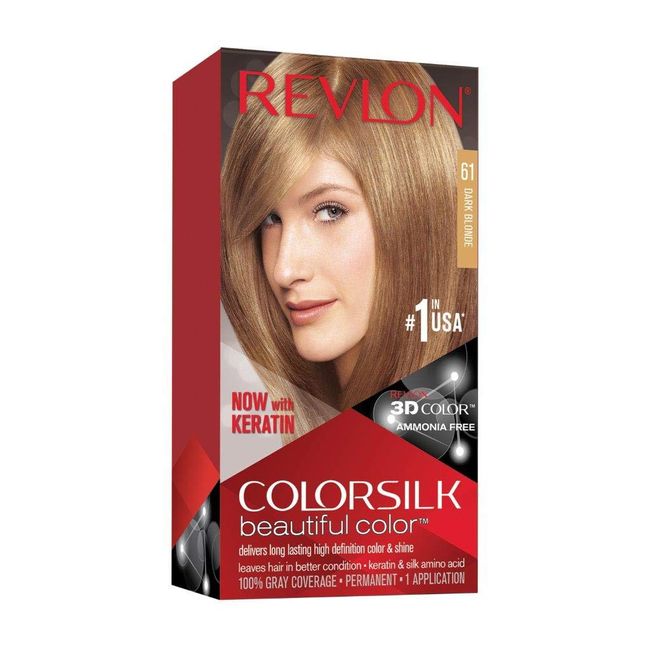 Revlon Permanent Hair Color, Permanent Hair Dye, Colorsilk with 100% Gray Coverage, Ammonia-Free, Keratin and Amino Acids, 61 Dark Blonde, 4.4 Oz (Pack of 1)