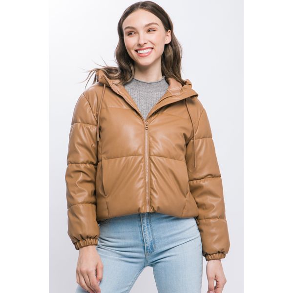 Pu Faux Leather Zipper Hooded Puffer Jacket - S