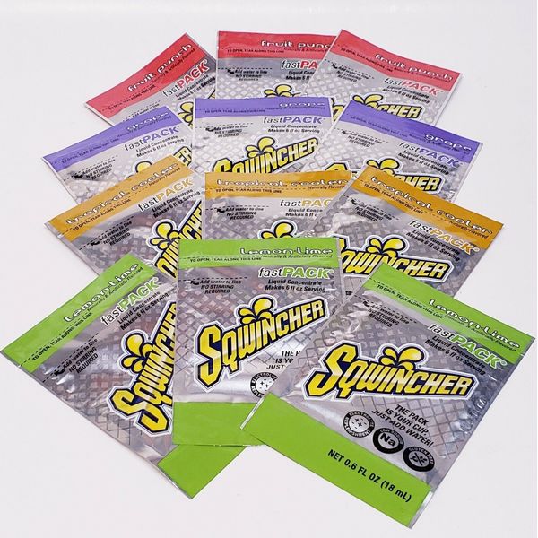 12 Sqwincher FastPack Concentrate: Lemon Lime, Fruit Punch, Grape, Tropical 3EA