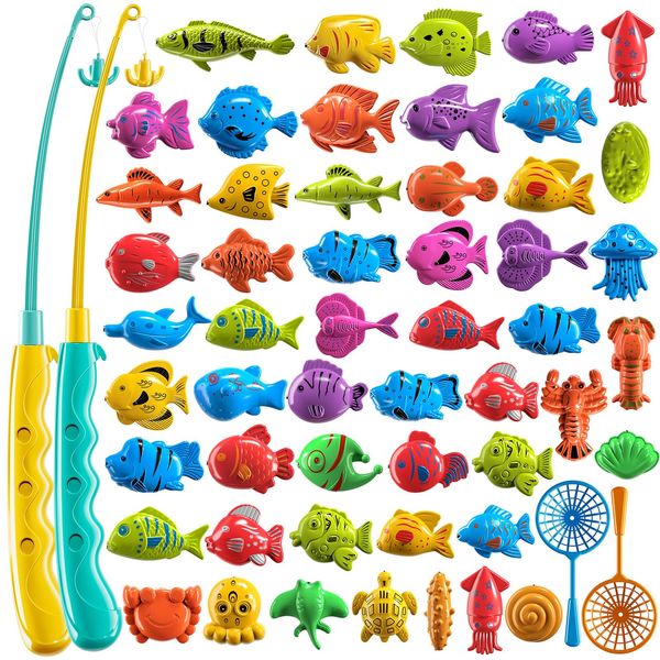 TEMI Fishing Toy Game for Kids 3 4 5 6 7 8 Years Old, Bath Toy for Toddlers, Toy Magnetic Fishing Rod and Fishing Net, Outdoor Water Toys for Kids Age 3-5, Party Toy for Boy and Girl