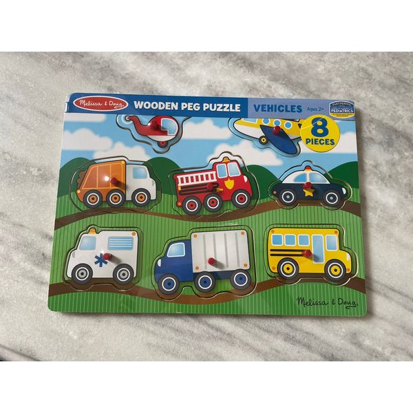 Melissa & Doug Vehicles Bus Fire Truck Police Car Wooden Wood Peg Puzzle Board