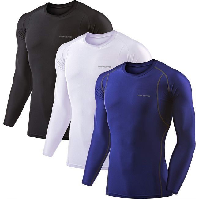 DEVOPS 3 Pack Men's Athletic Long Sleeve Compression Shirts (Medium, Black-Navy-White)