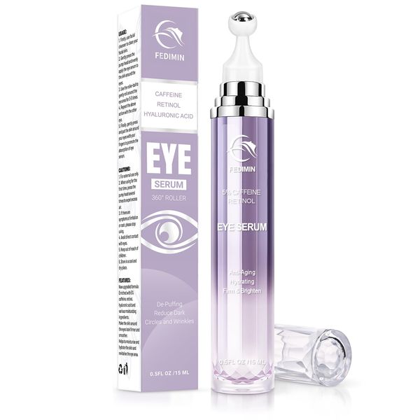 Caffeine Eye Cream for Dark Circles Under Eye Serum Eye Treatment for Wrinkles Fine Lines, Retinol Eye Cream for Puffiness and Bags Under Eye Serum with 360° Massage Roller-Ball