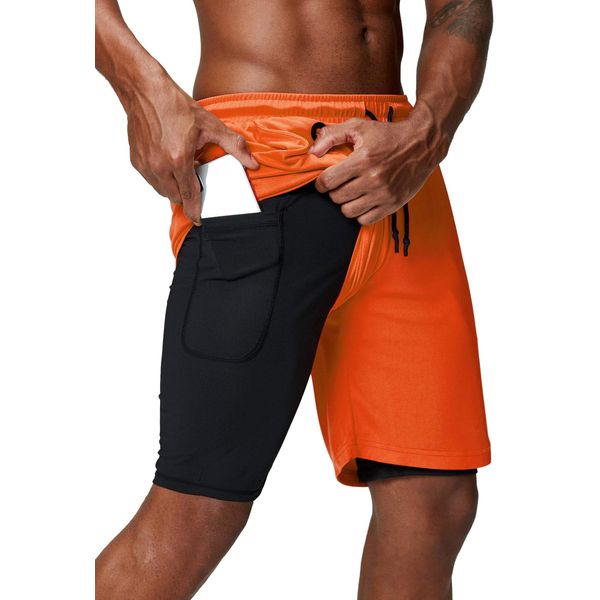 Pinkbomb Men's 2 in 1 Running Shorts Gym Workout Quick Dry Mens Shorts with Phone Pocket (Orange, XX-Large