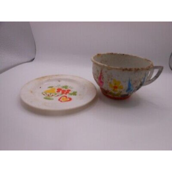 Vtg HG Toy Co Plastic Plate Fruit Design Tea Set & Tin Tea Cup w/Butterflies/Flo