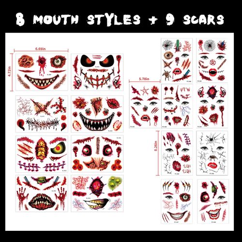 HOSAILY 17PCS Halloween Temporary Horror Scary Big Mouth Tattoo Stickers Props Makeup Costume Scare Wound Blood Injury 3d Face Tattoo Sticker Clown Zombie Halloween Decor Cosplay Party Makeup