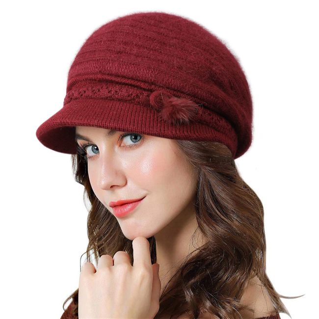 Genfien Barette für Damen Brim Cap Newsboy Cap für Damen Baskenmütze Dickes Fleece Gefüttert Retro-lässige Häkelmode Gestrickte Strickmütze Leichte Winter One Size，Rotwein