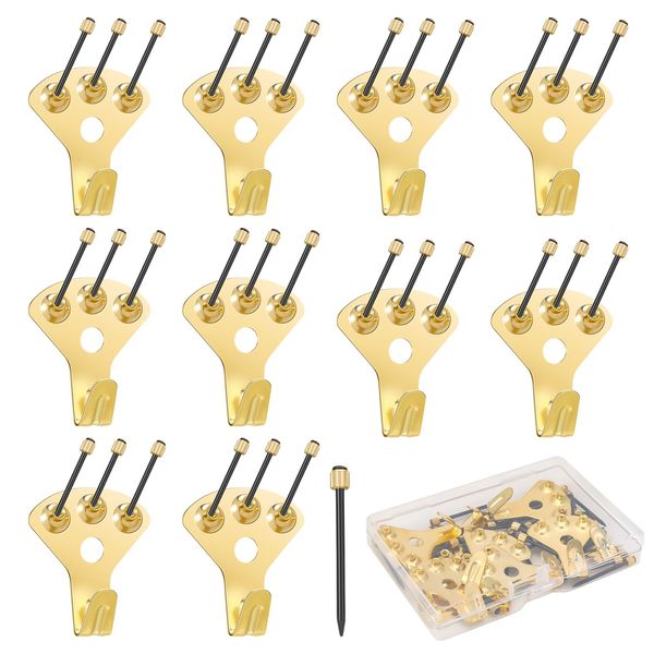 girldate Wall Hanging Hooks (10 Pieces) with Nails, Safe Load 75.0 lbs (34 kg), Multi-functional Hooks, Plasterboard, Won't Scratch Walls, Rust Resistant, Fall Prevention, For Picture Frames, Clocks, Clothes Hanging (Gold)