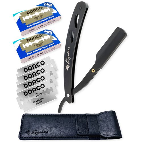 Kazakiri Black Men's Genuine Close Shaving Razor, Straight Razor, Main Unit with 20 Double-Edged Replacement Blades (40 Edges) & Carrying Case