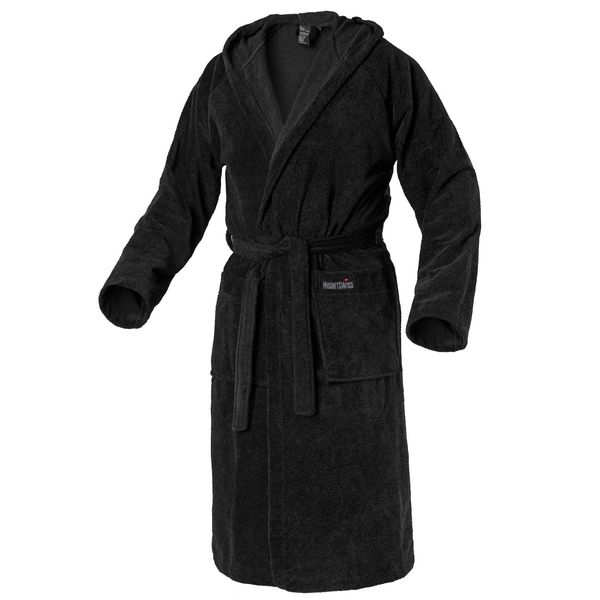 Mount Swiss Unisex Aarau Bathrobe with Hood I Men Women Made of Fluffy Cotton I Kimono with Choice of Colours and Sizes S - 5XL I Bath Robe Oeko-Tex Standard 100, black