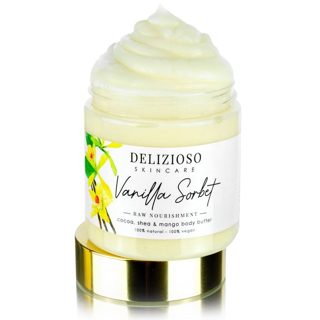 Vanilla Sorbet 100% Natural & Vegan Raw Nourishment Body Butter - Cocoa, Shea & Mango Butter - Rich, Quick Absorbing Moisturizer For Full Body, Hands & Feet - Handmade, Cruelty Free, with Organics - 8 oz