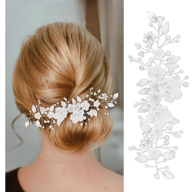 Makone Flower Wedding Hair Vine bridal hair accessories Wedding Hair Vines, Crystal Headpieces Flower Headband Bridal Hair Pieces, Pearl Hair Accessories for Women and Girls Hair Styling Accessories