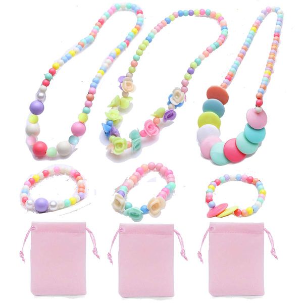 7Queen 3Set Princess Pretend Play Necklace Bracelet Set Kit or Bracelets Packs Kids Play Jewelry Little Girls Costume Necklaces Toddler Dress up Jewelry Xmas Gift