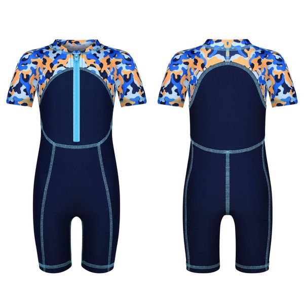 AOMIG Kids Wetsuit, Boys Swimming Costume Short Sleeve Swimsuit, Child Ultra Stretch Front Zip One Piece Swimwear, Sun Protection Diving Suit, Warm Swimsuits for Diving Swimming Surfing Water Sport