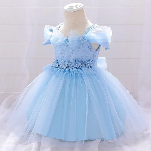 Newborn Baby Girl Birthday Baptism Dress One Shoulder Puff Sleeves Princess Dress - 73 (6-9M) / Blue