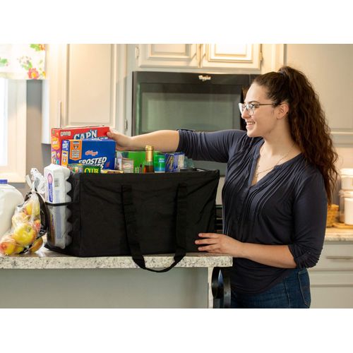 Extra Large Utility Tote Bag - Oversized Collapsible Reusable Wire Frame Rectangular Canvas Basket With Two Exterior Pockets For Beach, Pool, Laundry, Car Trunk, Storage - Black