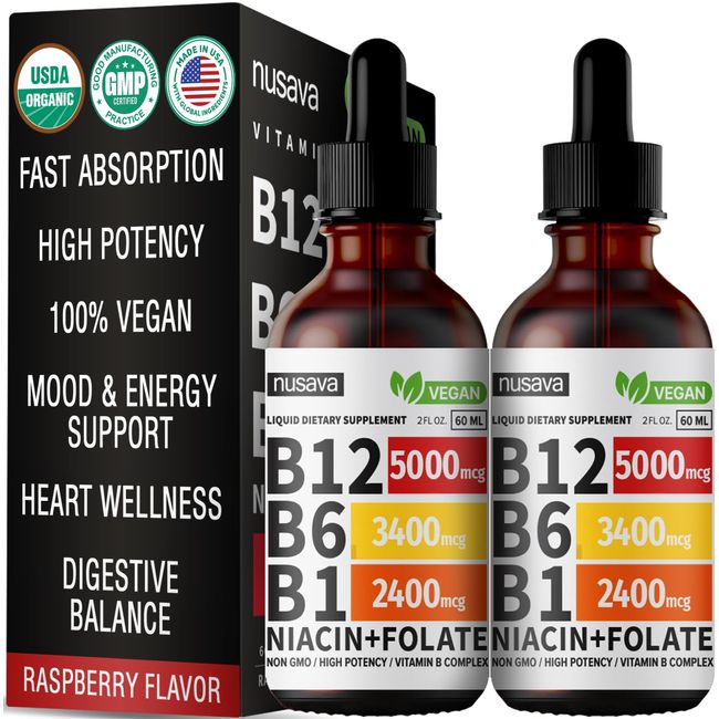 (2 Pack) Vitamin B12 Liquid Drops, Vitamin B Complex, Vegan B12 Sublingual 5000 mcg with Vitamin B6, Liquid B12 Methylcobalamin Supports Energy, Brain & Heart with 27,200 mcg Per Serving, 80 Servings