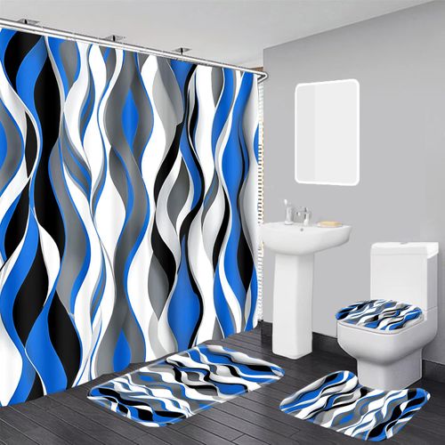 youyouplus Modern Striped Shower Curtain Set with Waterproof Fabric, 70.8x70.8 Inches, Includes 12 PCS Hooks - Blue, Black, White, Grey Design, Home Bathroom Decor with Rugs and Toilet Lid Cover.