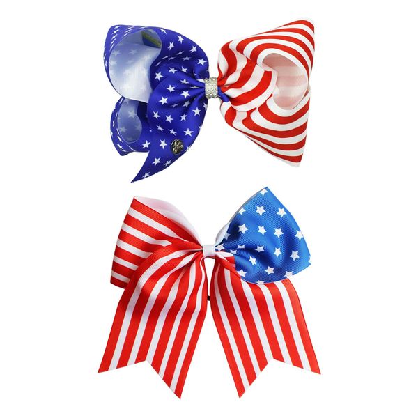 Women Girls Hair Bow Clips, 8 Inch Grosgrain Ribbon Hair Bows American Flag Hair Clip Stripe Star Hair Tie Ponytail Holder Jumbo Cheer Bow for 4th of July TSFJ46 (Hair Tie Clip Set)