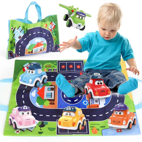 Baby Pull Back Cars for Toddler,Toy Cars for 3 Years Old Boy Girl, 6 Pieces Mini Push and Go Vehicles Friction Power Car Toys with Play Mat and Storage Bag for Kids Children Gift for 4 5 6 7 8