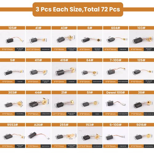 ZDRU 72Pcs Electric Motor Carbon Brushes Set, 24 Different Sizes Replacement Repair Kit for Various Electric Tools and Motors