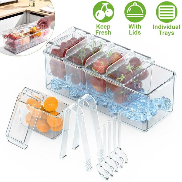 Ice Chilled 5 Compartment Condiment Server Caddy| Plastic Serving Tray Container