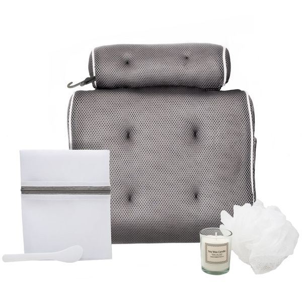 Luxury Bath Pillows for Tub - Relaxing Bath Tub Accessory – Bath Tub Pillows for Head and Back with Soy Wax Candle, Bath Loofa, Laundry Bag, Suction Tool – Essential Bath Accessories - Grey