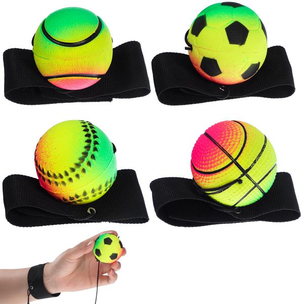 jarbins 4 Pieces Wrist Return Ball Rubber Wrist Balls Sports Balls on a String Rebound Balls with Wristband Wrist Exercise Sports Party Favors