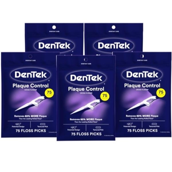 5 Pack DenTek Cross Flosser Floss Picks, X-Shaped Floss Hugs Teeth, 75 Count