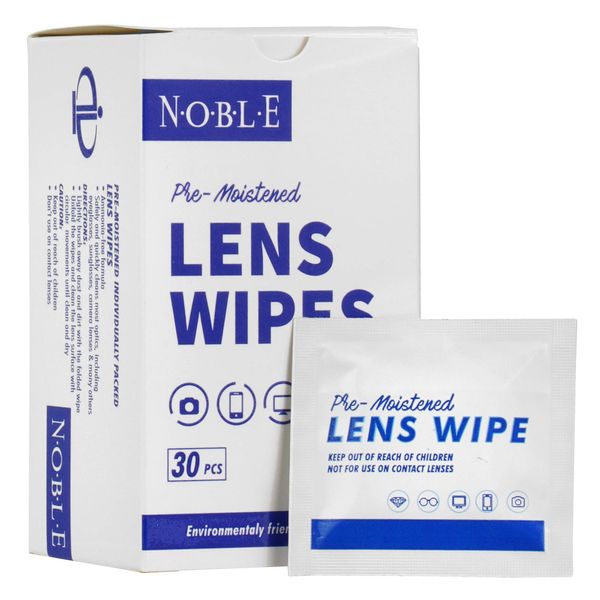 Noble Pre-moistened Lens Wipes Individually Wrapped - Lens and Screen Cleaning Wipes - Great for Eyeglasses, Cell Phones, Camera Lenses, Screens, Keyboards, and Other Delicate Surfaces (30 Wipes)