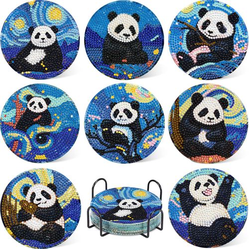 Leatrice 8 Pcs Panda Diamond Art Coasters Set of 8, Small Diamond Painting Kits for Adults Beginners Women, Gem Art Coasters with Holder, Funny Arts Supplies for Home Decor