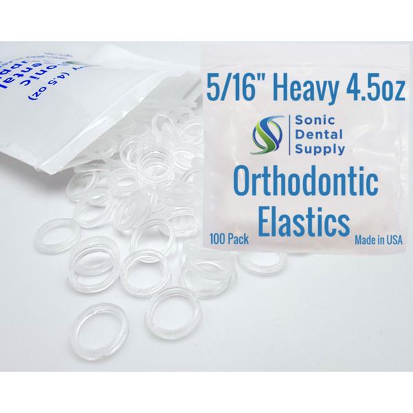 5/16 Inch Orthodontic Elastic Rubber Bands - 100 Pack - Clear Latex Free, Heavy 4.5 Ounce Small Rubberbands, Braces, Dreadlocks Hair Braids, Teeth Gap, Packaging, Crafts - Sonic Dental - Made in USA
