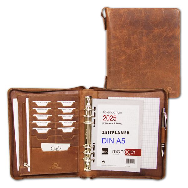 ALMADIH - Leder A5 Organizer mit Ringmechanik Reißverschluss, Kalender 2025 Schreibblock Premium Rindsleder Braun Deluxe Ledermappe Mappe Terminplaner Systemplaner Konferenzmappe (A5-O-BD)
