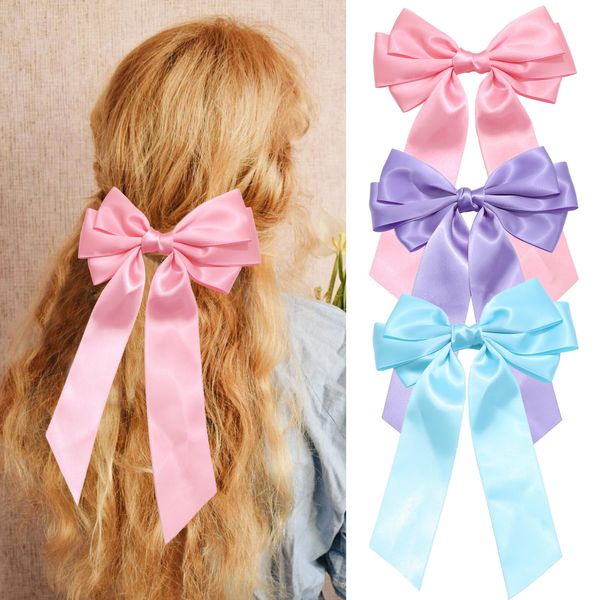 SAWINDA Satin Hair Bows 3Pcs Hair Ribbon Bows Clips with Big Tail Bowknot French Hair Barrette Wedding Party Slides Metal Clips Hair Bow Accessories for Women Girls Toddlers Teens Kids