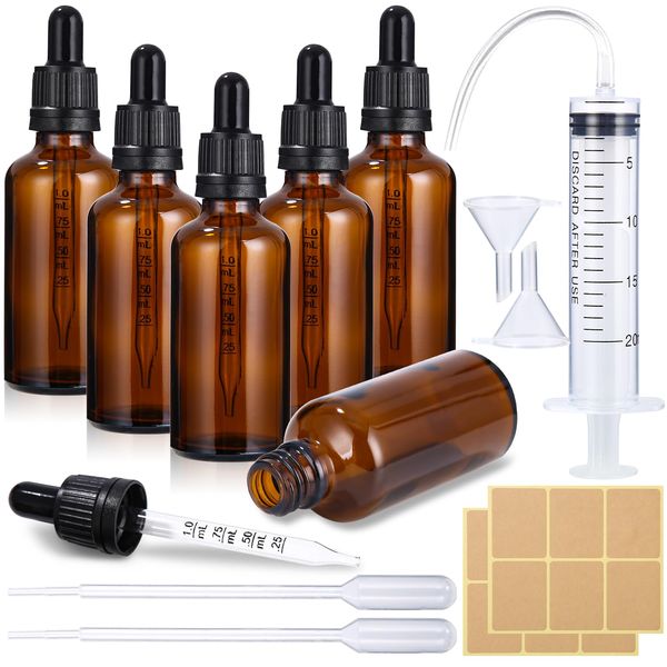 Huifoo 6Stk 50ml braunglas pipettenflasche,glasflasche pipette,Apothekerflasche,braunglasflasche pipette,tropfflasche,mit Trichter Aufkleber Etikett Dropping Bottles 6 set