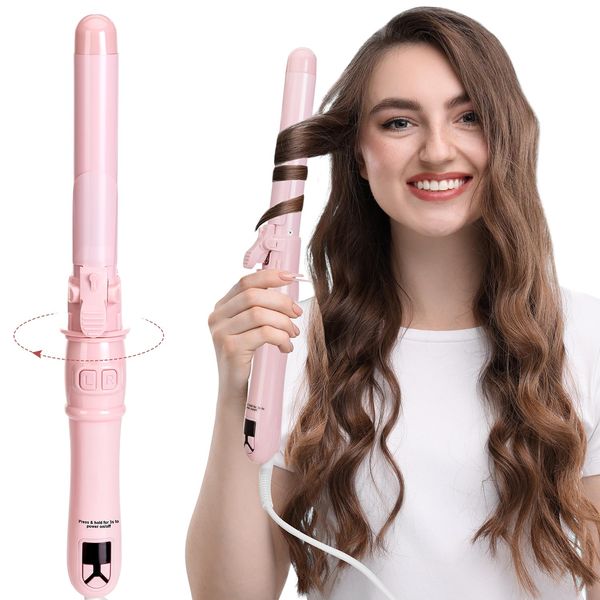 Automatic Rotating Curling Iron, 1.1 Inch Professional Hair Curler with LED Display, Fast-Heating Curling Wand for Long & Short Hair, Perfect Hair Waver Styling Tool, Pink