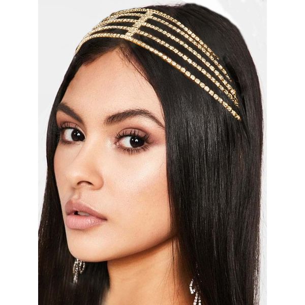 Catery Head Chain Jewelry Rhinestones Hair Chains Gold Head Jewelry Bride Wedding Head Dress Bridal Headpiece Halloween Christmas Prom Layered Hair Accessories for Women and Girls (Gold)