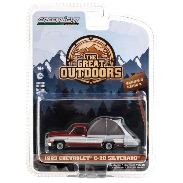 1983 Chevy C-20 Silverado Pickup Truck Carmine Red and Silver Metallic with Modern Truck Bed Tent The Great Outdoors Series 3 1/64 Diecast Model Car by Greenlight 38050C