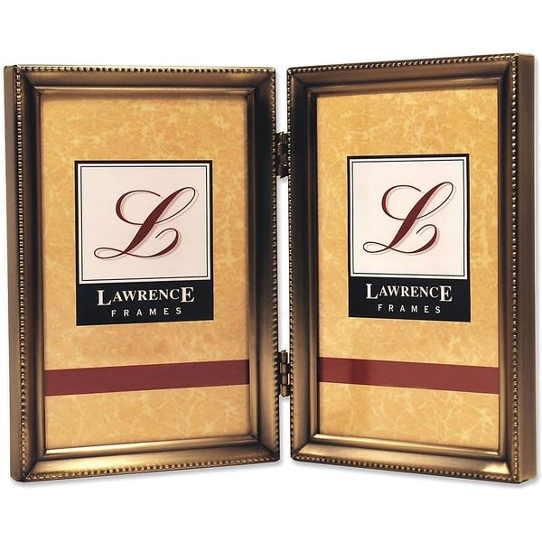 Lawrence 11435D Antique Gold Bead 3.5x5 Hinged Double Picture Frame