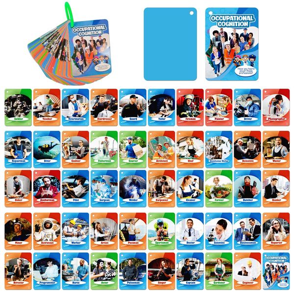 50PCS Occupations Cognitive Flash Cards for Kids,Cognitive Pictures Flashcards for Career, Portable Waterproof Professions Flash Card for Children, Means of Work Learning for 3+ Years