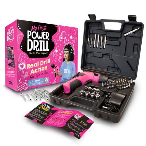 DIY jr. My First Power Drill - 60-Piece Working Tool Set for Girls - Rechargeable Cordless Pink Drill with LED Light - Learning, Building & Construction Kit for Kids - With Carrying Case, Charger