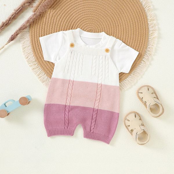 Baby Colorblock Pattern Sling Knitwear Summer Romper - 59 (0-3M) / Pink