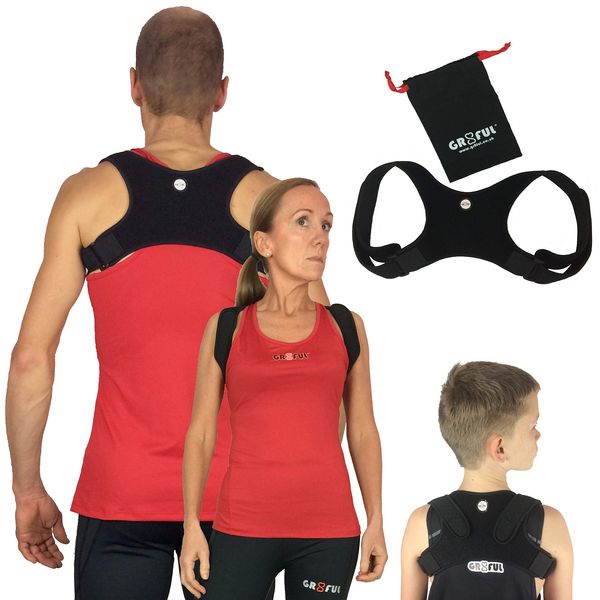 gr8ful® Posture Corrector | Physio Spinal Brace, Men, Women & Kids. Back, Shoulder & Neck Pain Relief, Black, 1 Size, Adjustable Neoprene Discreet Design, Fab for Sports Use.