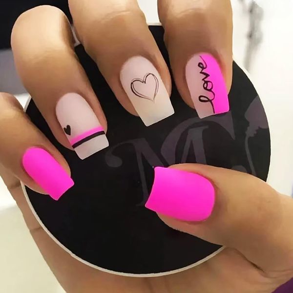 Valentines Day Hot Pink Press on Nails Medium Square Fake Nails with LOVE Designs Full Cover Matte False Nails Glossy Stick on Nails Jelly Press on Nails for Women and Girls Valentine’s Day Manicure