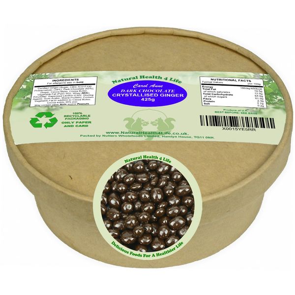 Natural Health 4 Life Carol Anne Confectionery Dark Chocolate Ginger 425 g in Recyclable Tub (1 Tub)