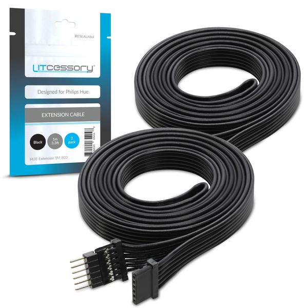 Litcessory Extension Cable for Philips Hue Lightstrip Plus (1m, 2 Pack, Black - MICRO 6-PIN V4)