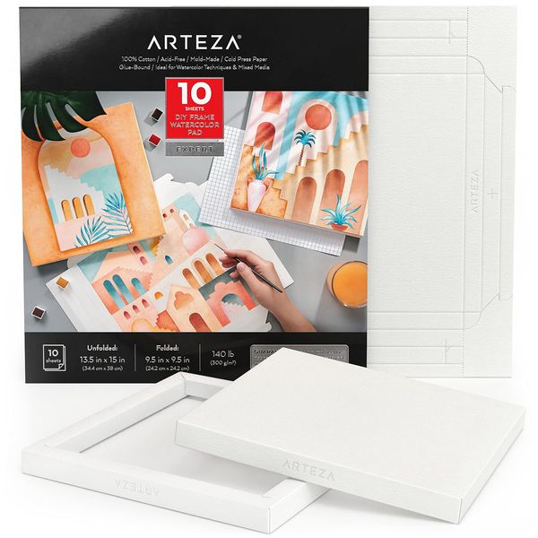 ARTEZA Watercolor Paper Foldable Canvas Pad, 9.53x9.53 Inches, 10 Sheets, Cotton Paper