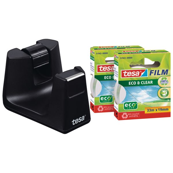 tesa Easy Cut SMART Tape Dispenser for Tables - Compact Tabletop Dispenser with Anti-Slip Technology for Adhesive Tape, incl. 2 rolls of tesafilm eco and clear