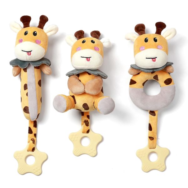 TUMAMA Baby Rattles 0-6 Months, 3 PCS Giraffe Baby Plush Rattles Sensory Toys with Teethers, Newborn Gifts for Babies 0-6 Months