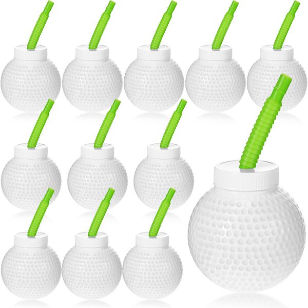 Sawysine 12 Set Golf Ball Cups with Straws and Lids, 10 oz Plastic Reusable Golf Party Cups Bulk for Kids Birthday Theme Party Golf Party Supplies